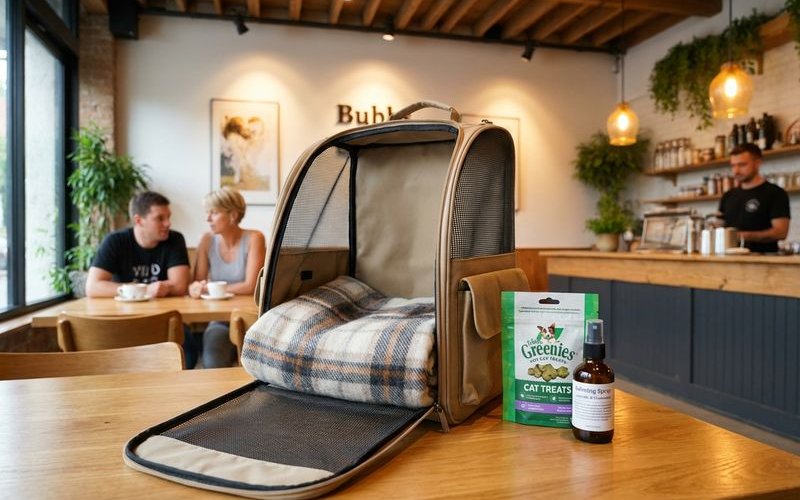 Cat carrier setup with calming items for cafe visit