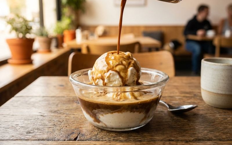Close-up of affogato showing espresso meeting ice cream