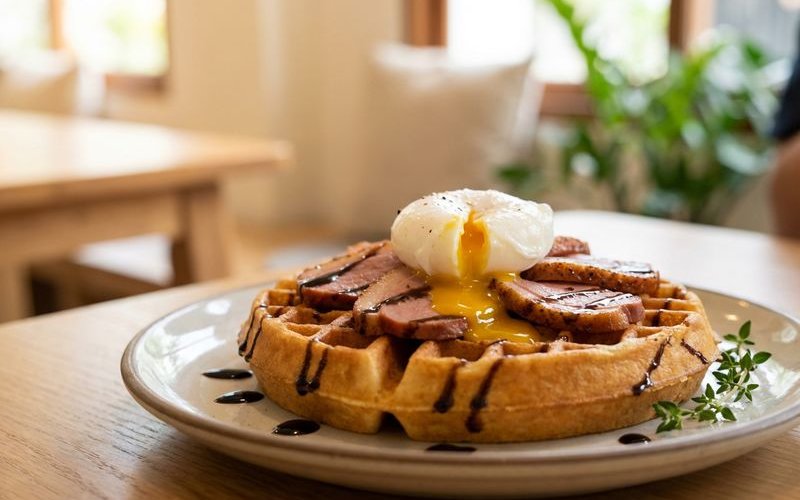 Signature Smoked Duck & Eggs Waffle at Bubbs & Bites
