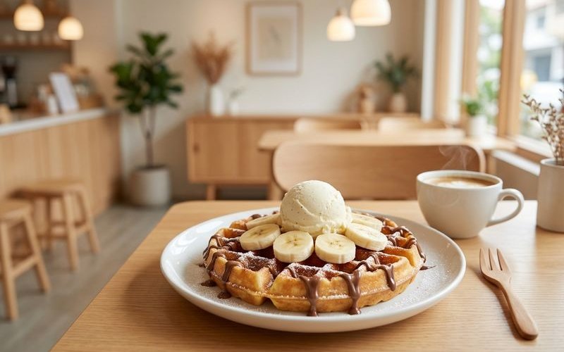 Sweet waffle with bananas and chocolate drizzle