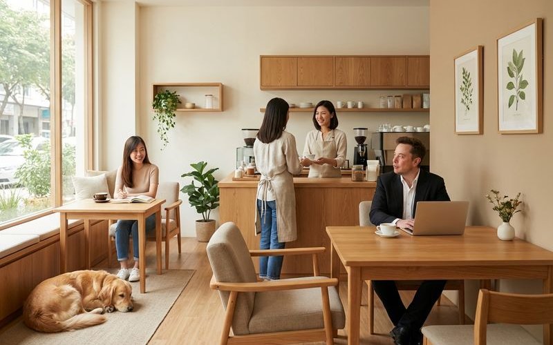 Cozy interior of Bubbs & Bites with pet-friendly seating