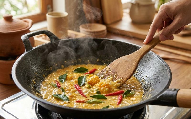 Golden salted egg sauce in preparation