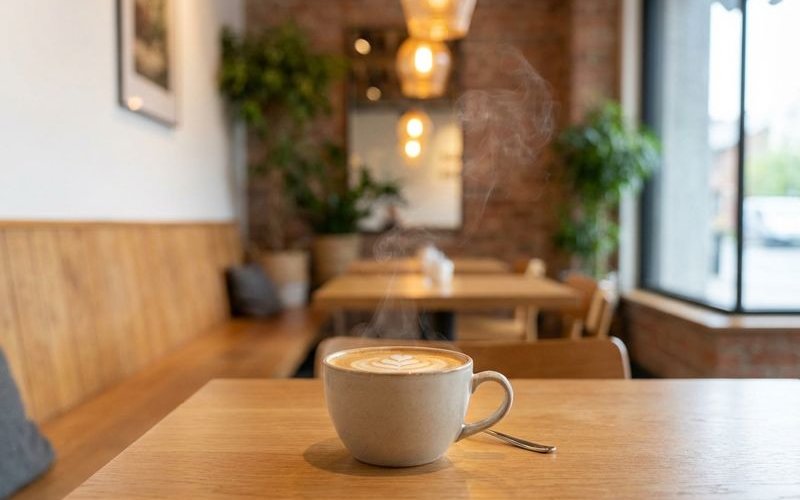 Steam rising from hot coffee cup in cafe setting