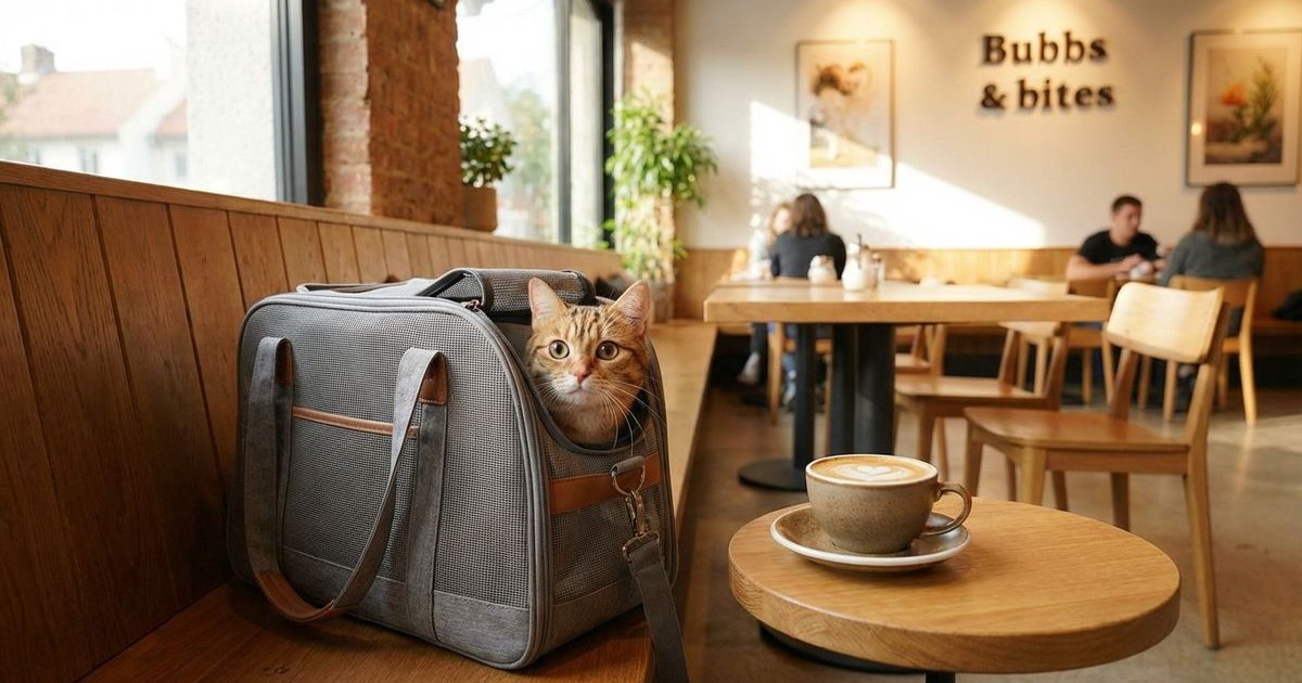 Cat in carrier bag at a pet-friendly cafe