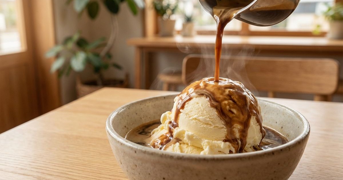 Affogato being prepared with espresso poured over ice cream