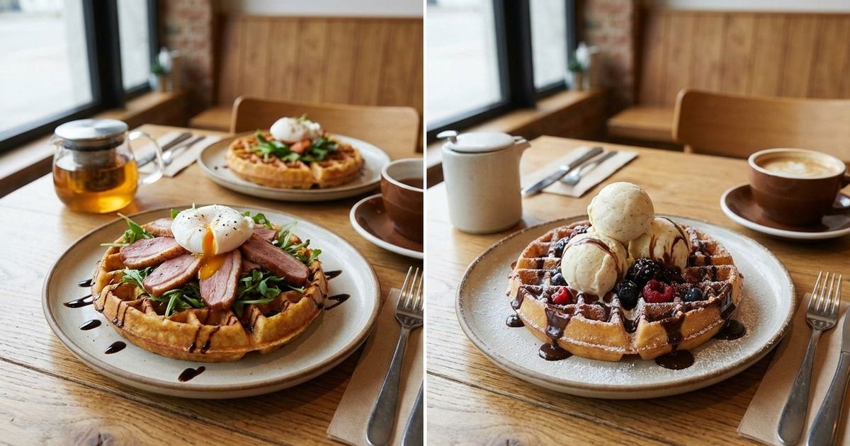 Savory waffle with toppings next to sweet waffle with chocolate