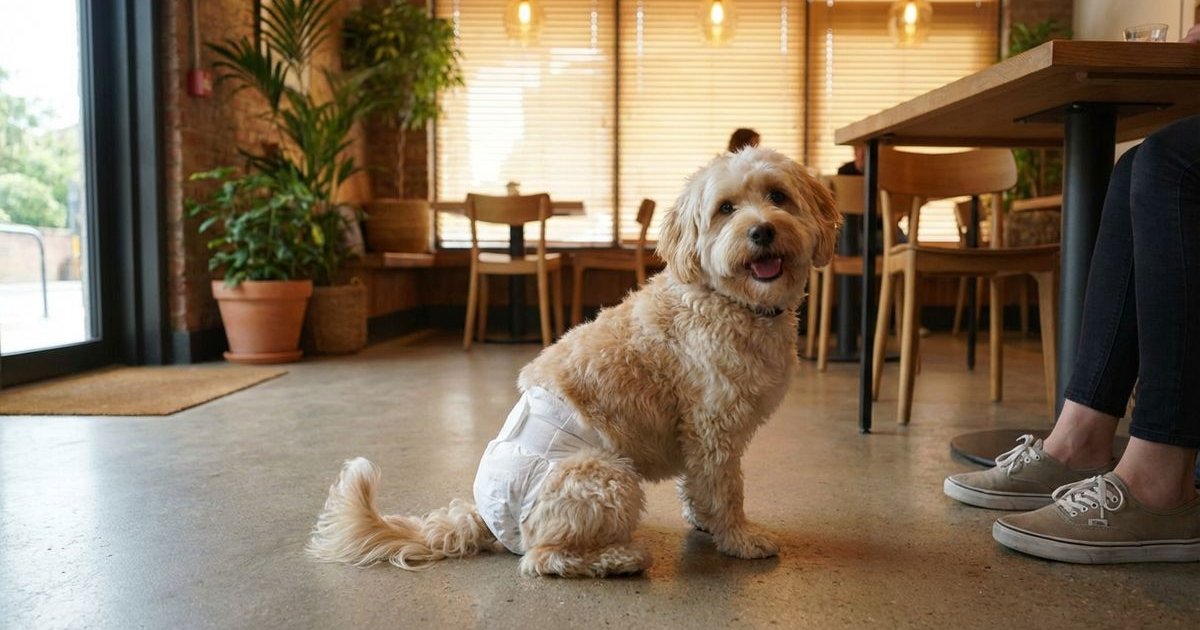 Dog wearing a pet diaper at an indoor cafe