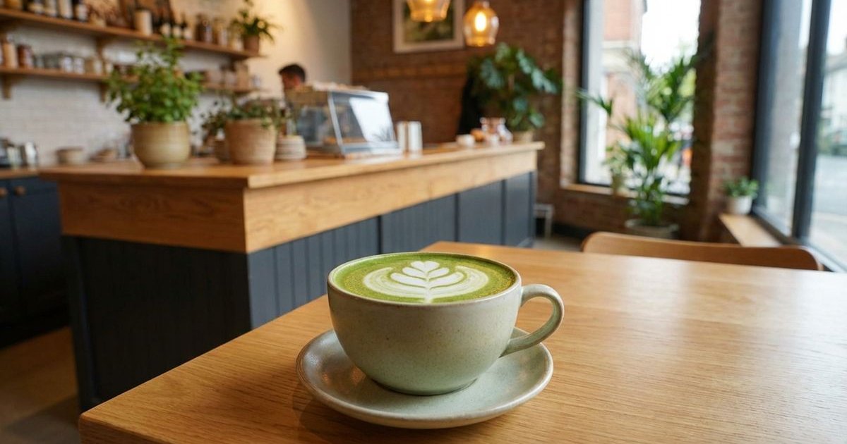 Beautifully prepared matcha latte with vibrant green color